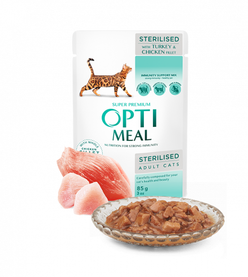 Optimeal (пауч) для стерилизованных кошек с индейкой и куриным филе в соусе 85г(12шт)