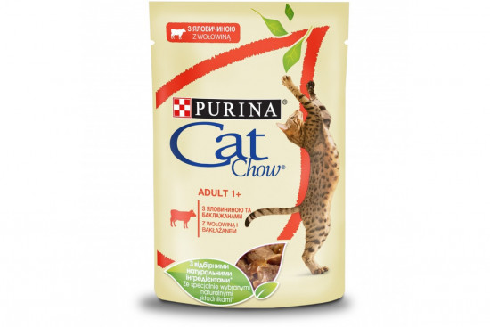Влажний корм Cat Chow для кошек Нежные кусочки с говядиной и баклажанами в желе,85г(от 10шт)